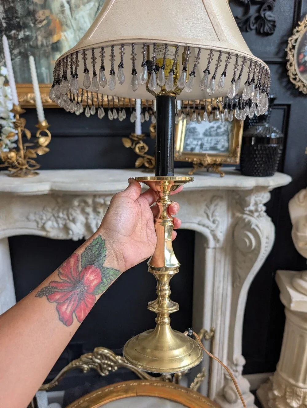 Vintage Brass MCM Hollywood Regency Candlestick Table lamp w/ beaded shade 23
